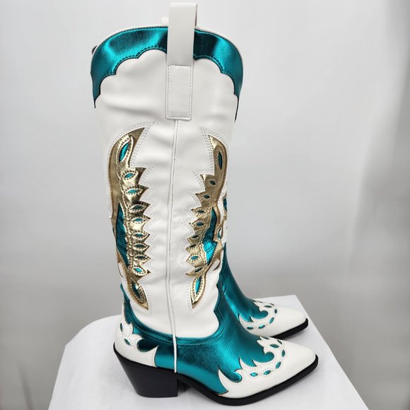 AZALEA WANG Apolline White Tall Cowboy Boots Turquoise & Gold Accents 6-10 NIB - Picture 5 of 12